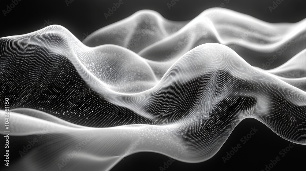 Poster Flowing waves of light and shadow create a mesmerizing abstract composition, showcasing intricate textures in a monochromatic palette, evoking a sense of movement and depth.