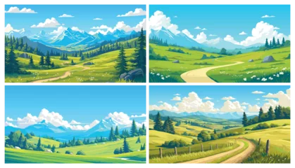 Selbstklebende Fototapeten Cartoon alpine meadow set. Summer landscape with forest mountain hill nature green field blue sky vector illustration © ssstocker