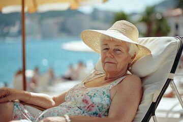 Fototapeta premium Elderly woman with white hair, wearing a sunhat and a beach dress, sunbathing on a recliner under a parasol 1
