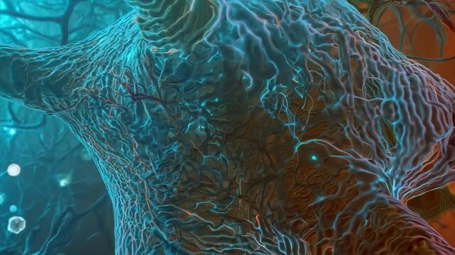 Pushing towards a neuron and diving inside revealing a network of microtubules. 