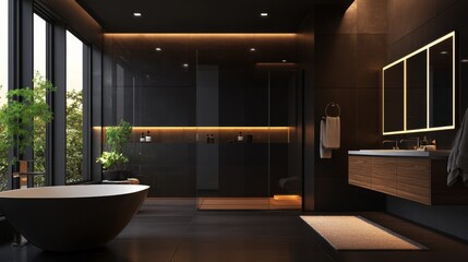 Fototapeta premium Modern Black and Wood Bathroom with Bathtub, Shower, and Double Vanity