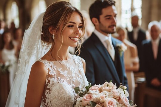 A bride in a white lace gown, walking down the aisle of a sunlit church, holding a bouquet of roses, smiling at her groom with joy and anticipation 8