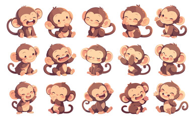 Fototapeta premium Cartoon baby monkeys set. Cute funny jungle animal character poses and emotions, decoration mascot for kids vector illustration