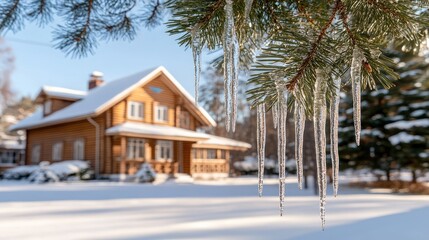 Green Christmas tree branches adorned with icicles and red ornaments enhance the rustic charm of a wooden house during winter