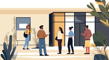People attending cinema entrance conversation outdoors. Group of individuals chatting outside modern building surrounded by plants. Flat colors and minimalistic style