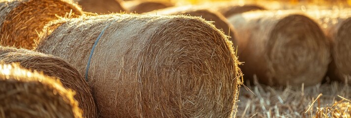 Golden hay bales sit stacked in a picturesque field, capturing the essence of fall under a clear sunny sky. Generative AI