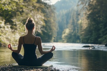 Fototapeta premium Woman practicing yoga by a river in the forest, surrounded by nature 3