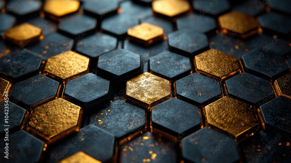 Aufkleber The image features a detailed close-up of a hexagonal pattern, combining dark and gold materials. The geometric design highlights textures and reflects light, creating visually appealing contrasts.