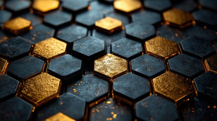 The image features a detailed close-up of a hexagonal pattern, combining dark and gold materials....