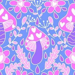 Cartoon autumn harvest seamless Halloween mushrooms pattern