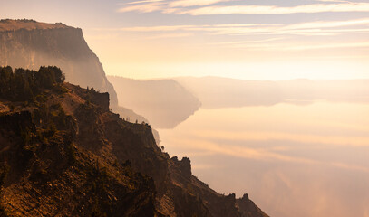Early morning of wildfire smoke on Crater lake