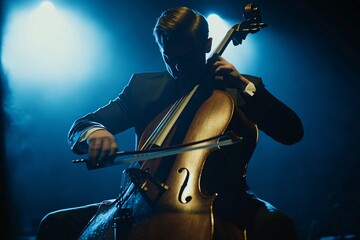Fototapeta premium Portrait of a man playing the cello, dark suit, concert hall, stage lighting, close-up view, intense focus 1