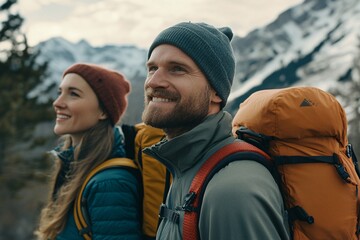 Portrait of a couple hiking, adventurous expressions, mountain background, daylight, medium shot, side angle 3