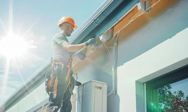 Hvac professional, secured with a safety harness, installs an air conditioning unit or aheat pump on the exterior wall of a contemporary building