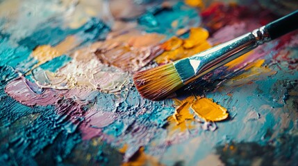 Fototapeta premium Close-up of colorful brushstrokes on canvas with paintbrush