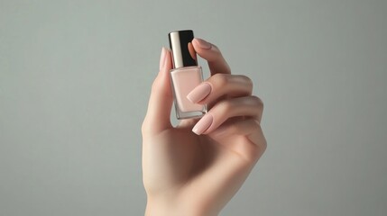 Fototapeta premium A woman's hand holding a bottle of nude nail polish against a light gray background.