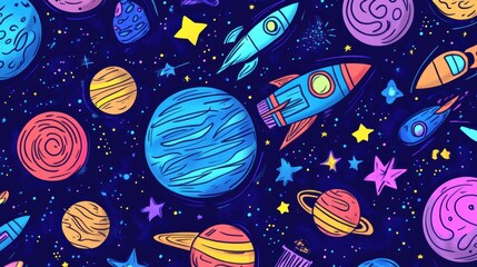 A vibrant collection of cosmic doodles showcases planets, stars, rockets, and asteroids, creating a whimsical outer space feel. Generative AI