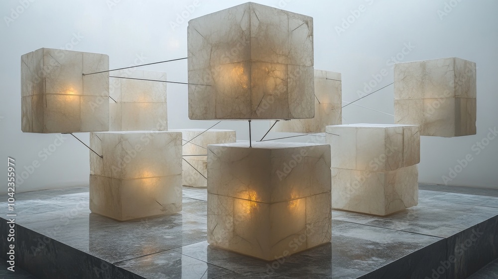 Aufkleber translucent cubes, softly glowing from within, are arranged in a fog-filled gallery. the modern inst