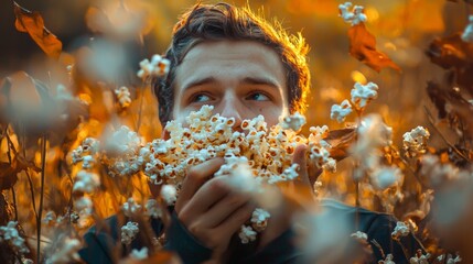 Man surrounded by popcorn in a field during golden hour