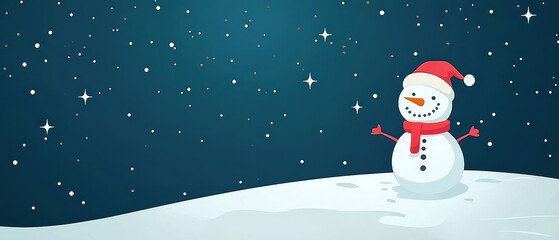 Naklejka premium A cheerful snowman wearing a red hat and scarf stands on a snowy hill, surrounded by twinkling stars against a dark blue sky.
