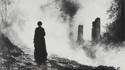 Obraz premium Silhouette of a Woman in Foggy Landscape with Ruins