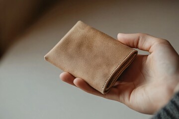 Hand holding a handmade fabric wallet, on a beige background, natural light, close-up view 1