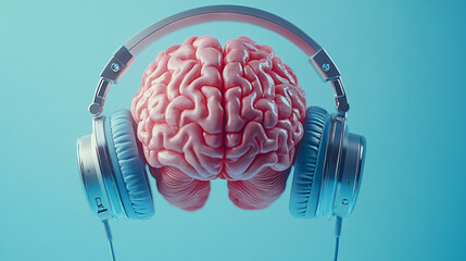 A vibrant cartoon-style illustration of a human brain with headphones, ideal for promoting music therapy, creative workshops, or mental health campaigns.