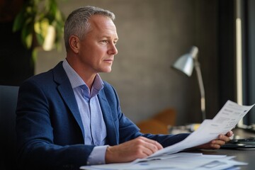 Fototapeta premium Businessman with short grey hair, wearing a blue blazer, sitting at a desk with documents, focused expression, side view 3