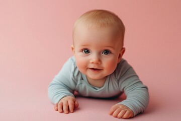 European baby boy with fair skin and blonde hair, crawling on a pastel pink background 3