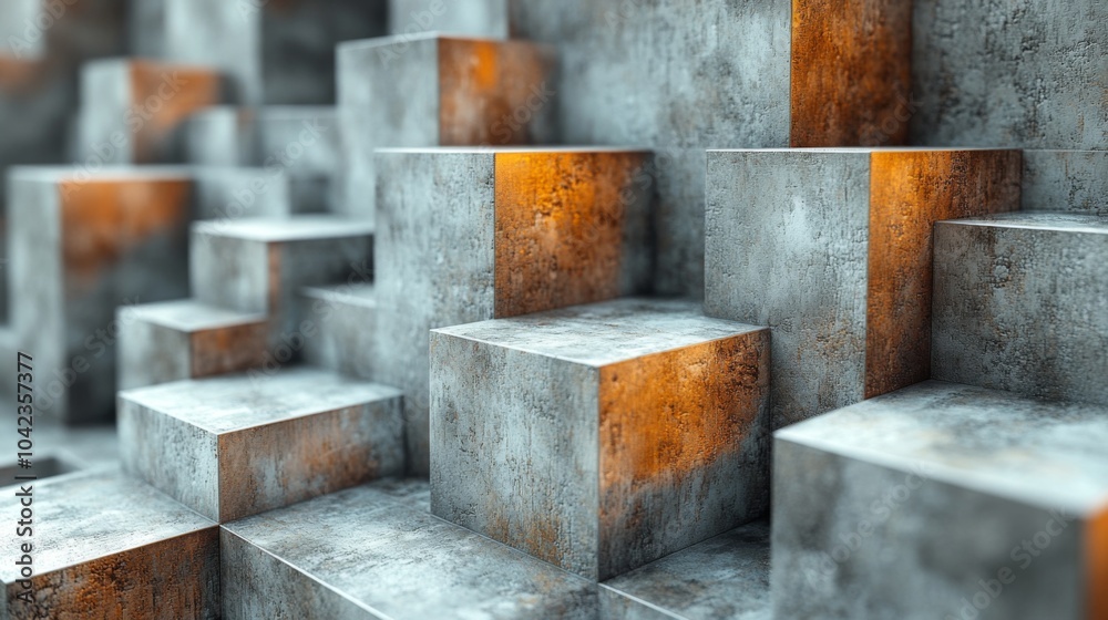 Poster the composition highlights a series of concrete cubes arranged in steps, featuring glowing orange ed