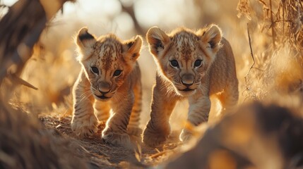 Obraz premium A playful scene of lion cubs exploring their surroundings in a natural habitat