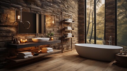 Embrace modern luxury with rustic accents in this sandstone-walled bathroom retreat.