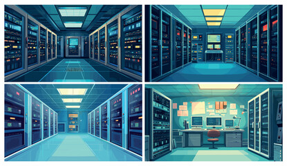 Cartoon data center interior set. Server room with racks hardware cluster, database storage, internet hosting vector illustration