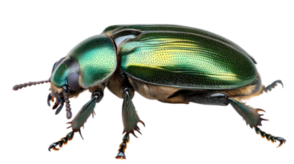 Green beetle isolated on a white background, showcasing its intricate details and vibrant color