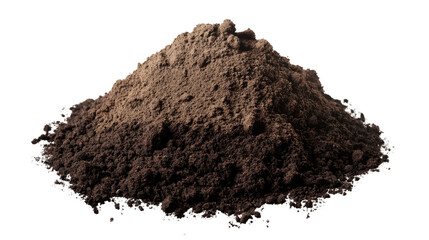 Brown pile of soil isolated on white background, resembling cocoa or chocolate powder, highlighting its organic texture and earthy nature