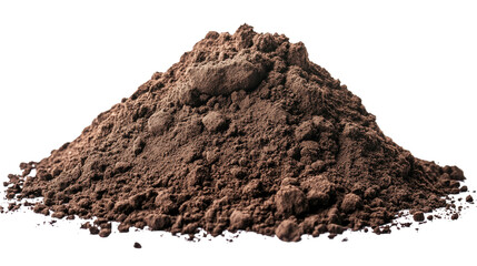 Brown pile of soil isolated on white background, resembling cocoa or chocolate powder, highlighting its organic texture and earthy nature