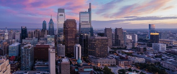 Fototapeta premium Skyscraper buildings and city skyline in downtown Philadelphia at sunst, Pennsylvania, United States.
