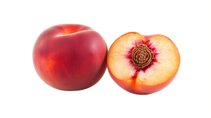 Whole and sliced peach revealing stone on a light background for vibrant fruit photography