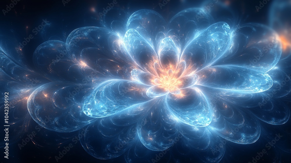 Leinwandbilder an abstract flower shape composed of glowing blue and orange hues emerges from a dark background, cr