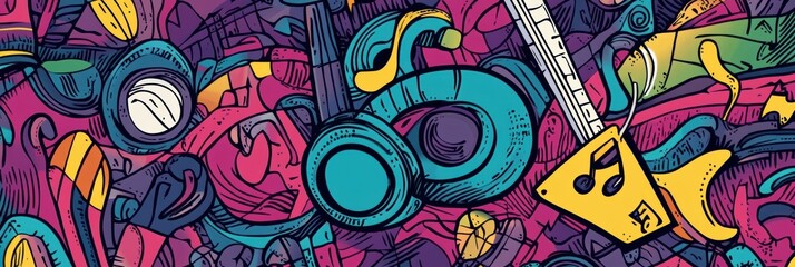 Obraz premium A vibrant array of music-themed doodles showcases various instruments, notes, and sound waves, creating a lively and artistic display. Generative AI