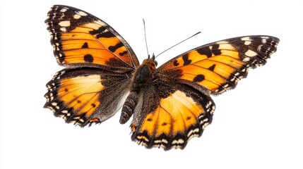 A beautiful orange and black butterfly with white spots on its wings is isolated on a white background.