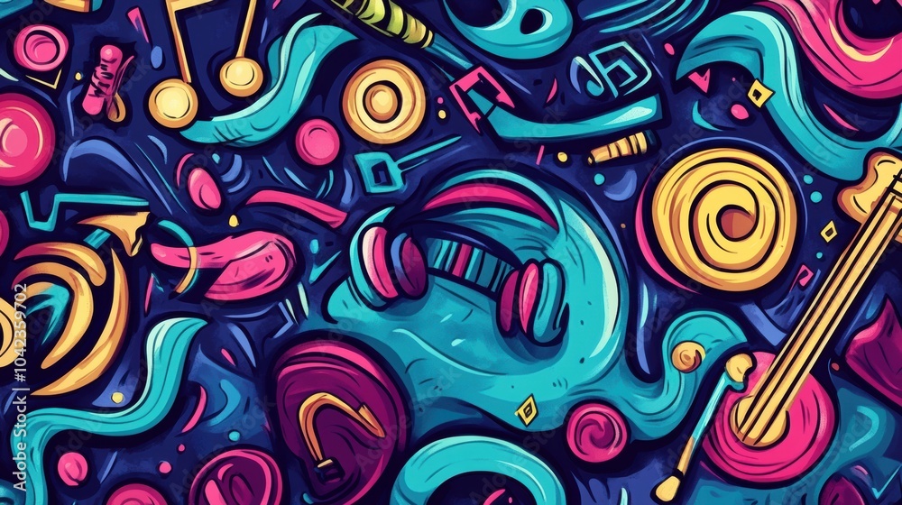 Poster a lively composition showcases a mix of musical instruments, notes, and sound waves in an engaging a