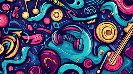 Fototapeta premium A lively composition showcases a mix of musical instruments, notes, and sound waves in an engaging and colorful doodle design. Generative AI