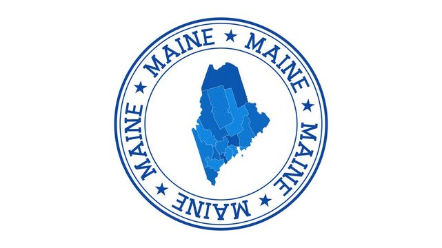 Maine intro. Badge with the circular name and map of the US state. Maine round logo animation.