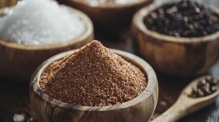 Close-up of brown sugar in wooden bowl with rustic details