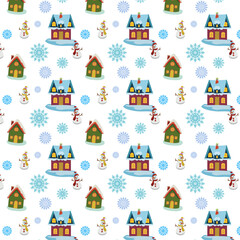 Pattern with houses and a snowman and snowflakes on a New Year theme.eps