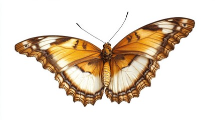 Obraz premium A beautiful, brown and white butterfly with its wings spread wide, isolated on a white background.