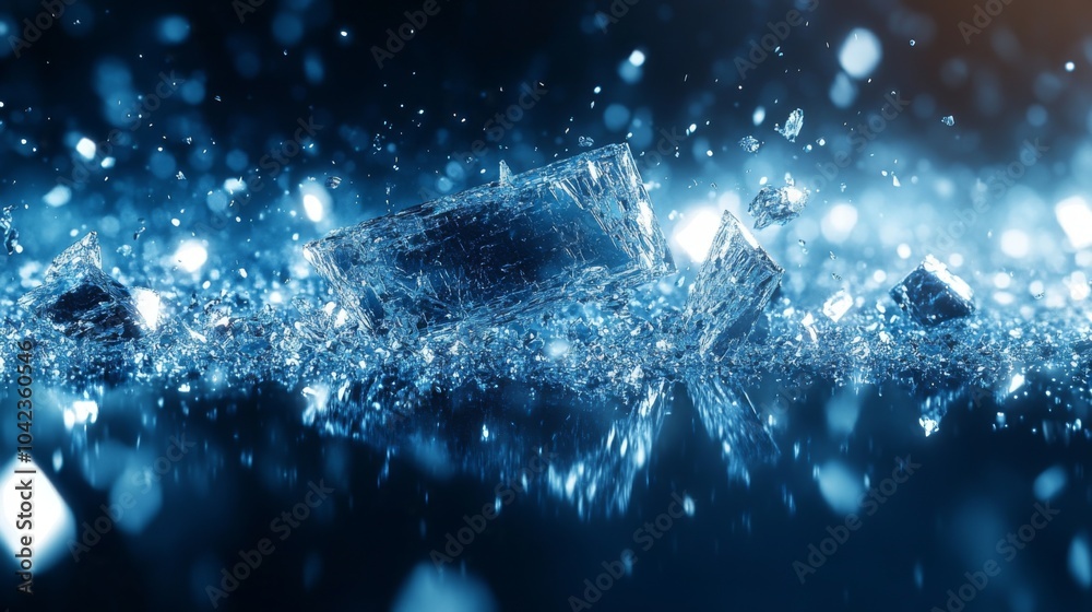Poster shards of ice float amidst bright blue water, reflecting soft light that enhances their crystalline 
