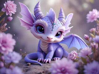 Cute 3d art of an adorable baby dragon with wings