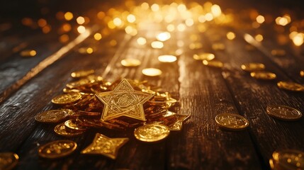 A soft focus on golden Hanukkah gelt scattered around a polished wooden table